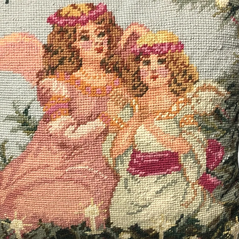Vintage Needlepoint Angel Sisters 14x14 throw pillow